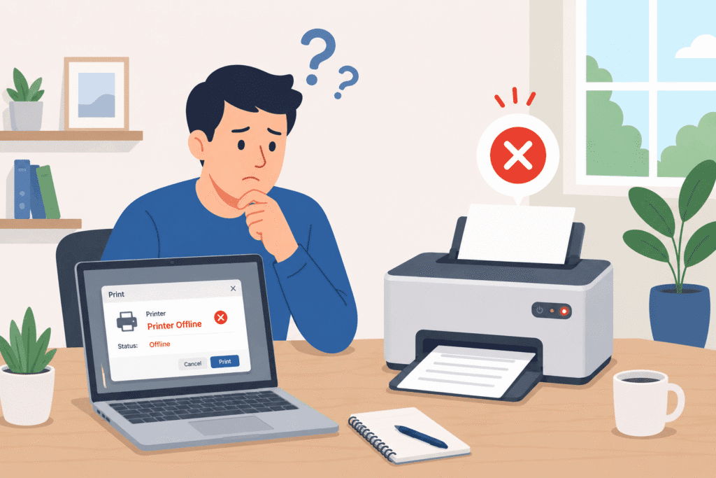 Printer Offline Error | 20 Easy Fixes for Windows 11 & 10 (2026 Guide) 1 Person looking confused at a printer showing an offline error