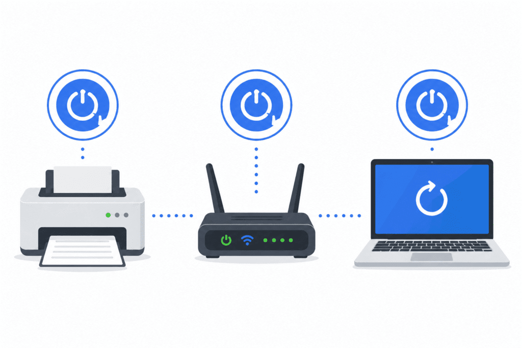 Printer Offline Error | 20 Easy Fixes for Windows 11 & 10 (2026 Guide) 2 Diagram showing printer, router, and computer being restarted
