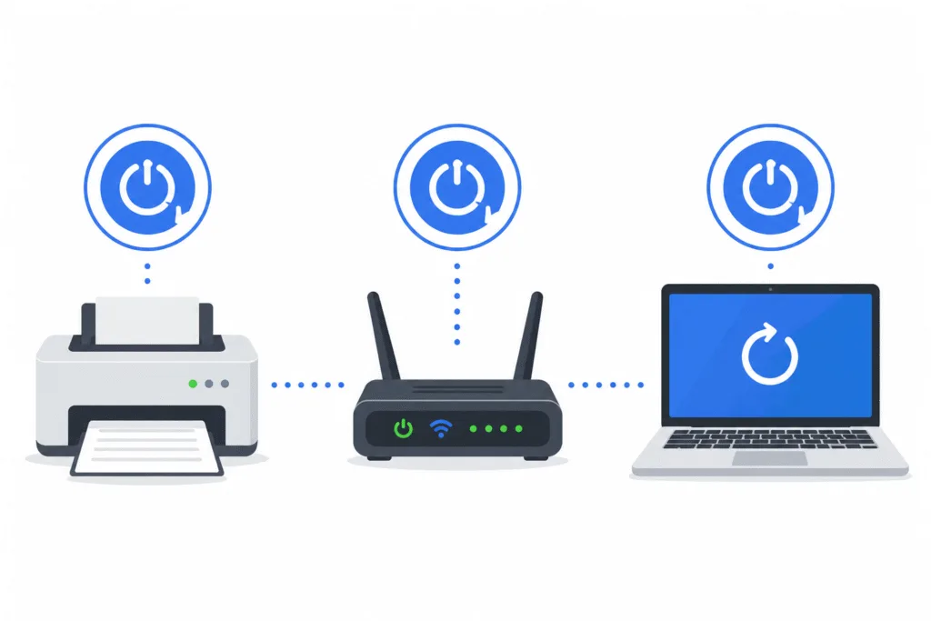 Printer Offline Error | 20 Easy Fixes for Windows 11 & 10 (2026 Guide) 2 Diagram showing printer, router, and computer being restarted